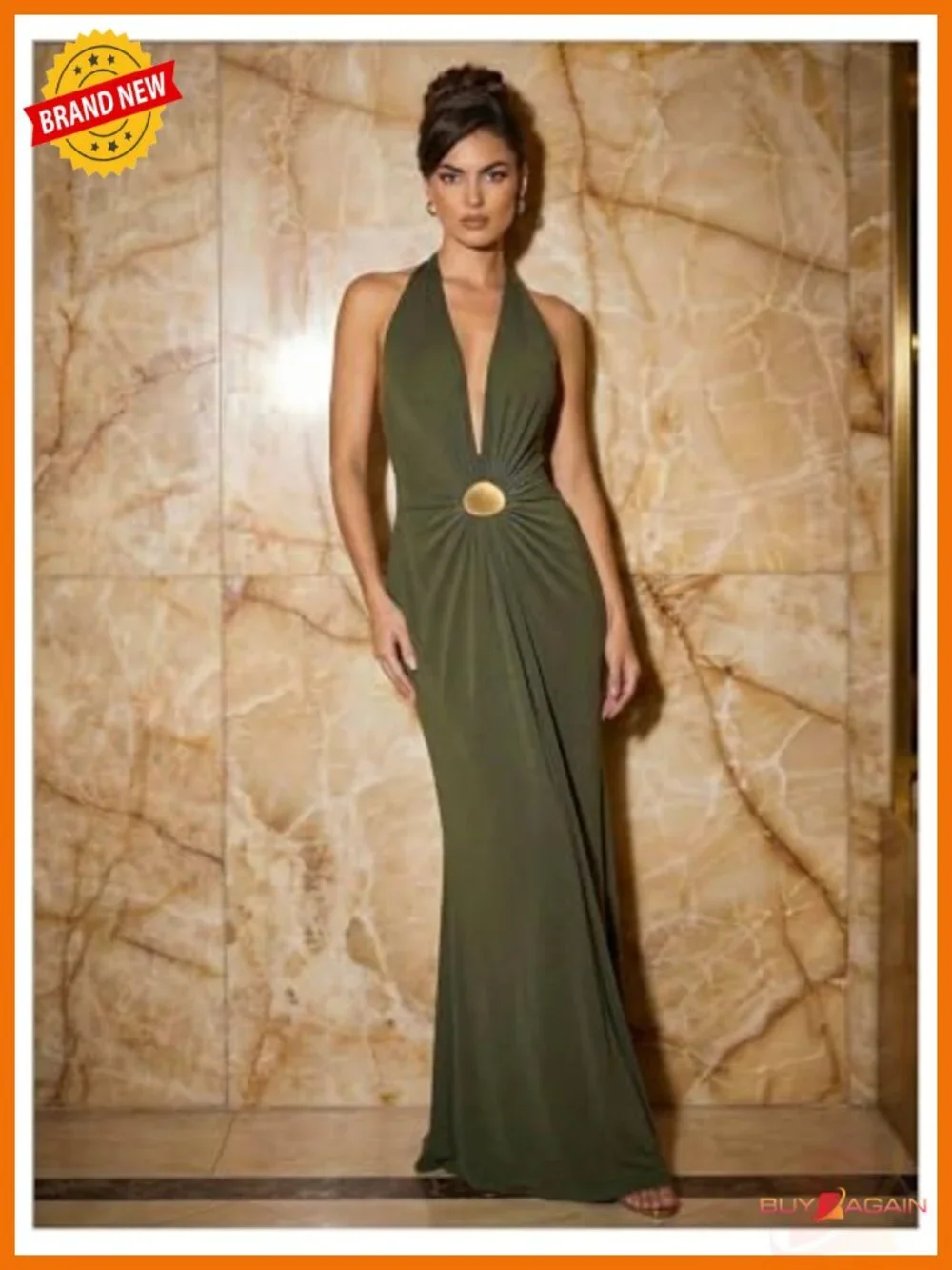 Women's Halter Maxi Dress Deep V Neck Ruched Bodycon Formal Wedding Guest